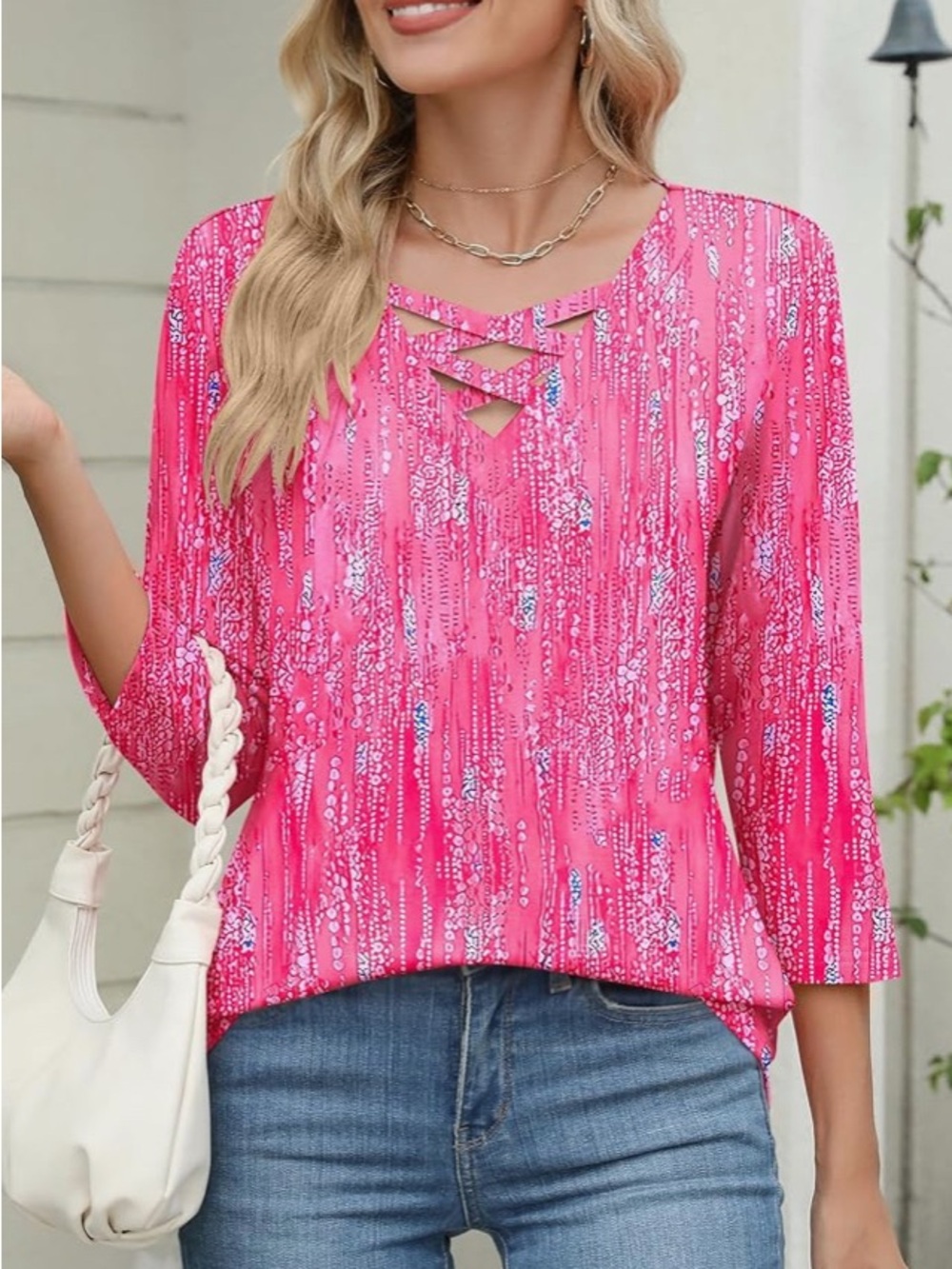 Women's Pink Crisscross Neck Printed Top